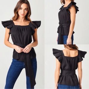 Hunter Bell black flutter sleeve tie waist black top S small
